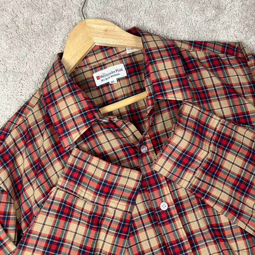 Vintage Bud Berma The Weekender Plaid Shirt Mens XL Tan Red Blue Long Sleeve
